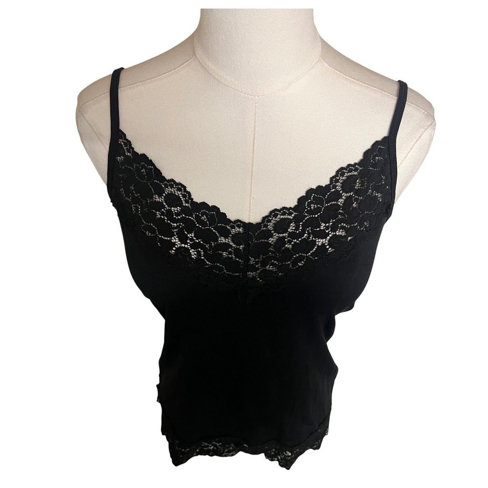 White House Black Market Black Lace Trim Camisole Tank Top Womens Size M USA Y2K - Picture 2 of 10